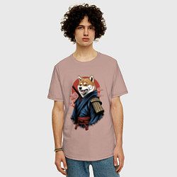 Футболка оверсайз мужская Собака Сиба-ину самурай, цвет: пыльно-розовый — фото 2