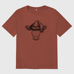 Футболка оверсайз мужская Буренка новогодняя, цвет: кирпичный