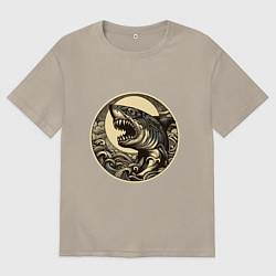 Футболка оверсайз мужская Кайдзю с ужасной головой акулы, цвет: миндальный