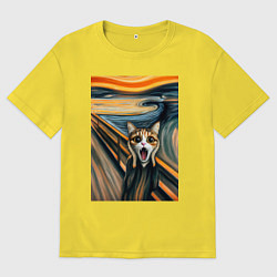 Футболка оверсайз мужская Кошка кричит - мем нейросеть, цвет: желтый