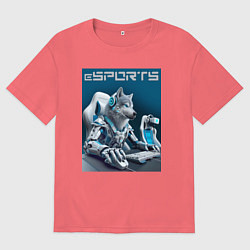 Футболка оверсайз мужская Крутой волчара киберспортсмен - нейросеть, цвет: коралловый