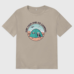 Футболка оверсайз мужская Забавный инопланетянин в палатке кемпинг keep calm, цвет: миндальный