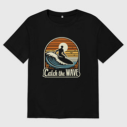 Футболка оверсайз мужская Серфер на волне в ретро стиле лови волну, цвет: черный