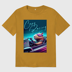 Футболка оверсайз мужская Капибара гонщик - нейросеть, цвет: горчичный