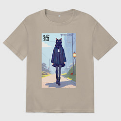 Футболка оверсайз мужская Чёрная кошечка на своём районе - нейросеть, цвет: миндальный