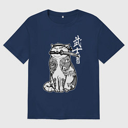 Футболка оверсайз мужская Кот самурай - сёто в зубах, цвет: тёмно-синий