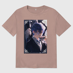 Футболка оверсайз мужская Тёмный дворецкий Сиэль Фантомхайв пьет чай, цвет: пыльно-розовый