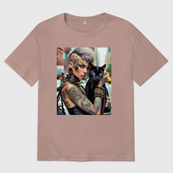 Футболка оверсайз мужская Девчонка панк в татухах с чёрным котом - нейросеть, цвет: пыльно-розовый