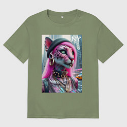 Футболка оверсайз мужская Панк девушка-леопард в татухах в Нью-Йорке, цвет: авокадо