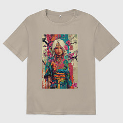 Футболка оверсайз мужская Белокурая индейская девушка в японском кимоно - жи, цвет: миндальный