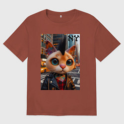 Футболка оверсайз мужская Глазастый котёнок панк из Нью-Йорка - нейросеть, цвет: кирпичный