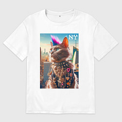 Футболка оверсайз мужская Funny cat punk from New York - ai art, цвет: белый