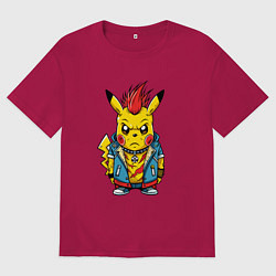 Футболка оверсайз мужская Пикачу панк с красным ирокезом, цвет: маджента