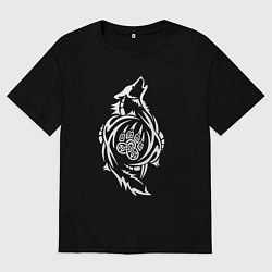 Футболка оверсайз мужская Волк с символом - оберегом лапа волка, цвет: черный