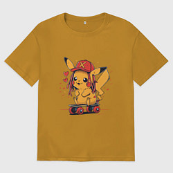 Футболка оверсайз мужская Пикачу в кепке на скейте, цвет: горчичный