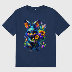 Футболка оверсайз мужская Милый синий зайка с неоновым цветком, цвет: тёмно-синий