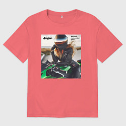 Футболка оверсайз мужская Девушка на мотоцикле Kawasaki ninja- память, цвет: коралловый