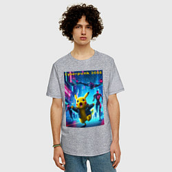 Футболка оверсайз мужская Cyberpunk 3088 - Pikachu pursuit - neon glow, цвет: меланж — фото 2