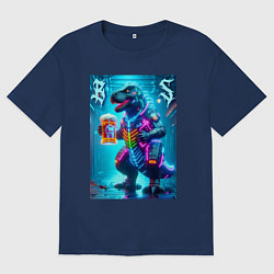 Футболка оверсайз мужская Неоновый кибер пивозавр - нейроарт, цвет: тёмно-синий