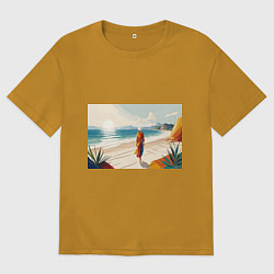Мужская футболка оверсайз Летний пейзаж с женщиной на пляже