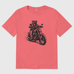 Футболка оверсайз мужская Ротвейлер байкер на мотоцикле чоппере, цвет: коралловый