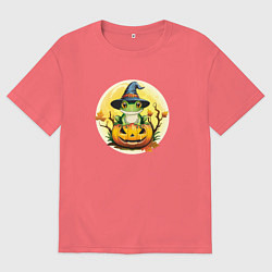 Футболка оверсайз мужская Лягушка ведьма на тыкве, цвет: коралловый