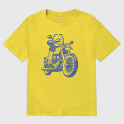 Футболка оверсайз мужская Шпиц байкер на мотоцикле на чоппере померанец, цвет: желтый
