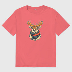 Футболка оверсайз мужская Олень в шарфе, цвет: коралловый