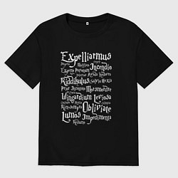 Футболка оверсайз мужская Заклинания на латыни из Гарри Поттера, цвет: черный