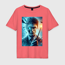 Футболка оверсайз мужская Harry Potter - wizard with magic stick, цвет: коралловый