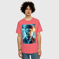 Футболка оверсайз мужская Harry Potter - wizard with magic stick, цвет: коралловый — фото 2