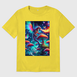 Футболка оверсайз мужская Сказочный дракон на планете неоновых грибов, цвет: желтый
