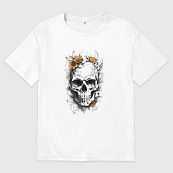 Футболка оверсайз мужская Череп с желтыми цветами, цвет: белый