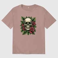 Футболка оверсайз мужская Череп в зеленых листьях и красных розах, цвет: пыльно-розовый