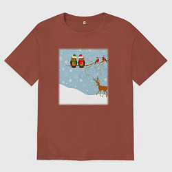 Футболка оверсайз мужская Новогодние птицы на ветке, цвет: кирпичный