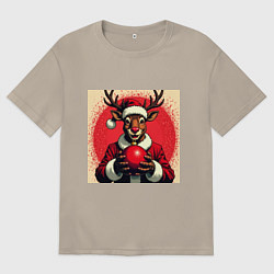 Футболка оверсайз мужская Рождественский олень Рудольф в шапке Санты, цвет: миндальный