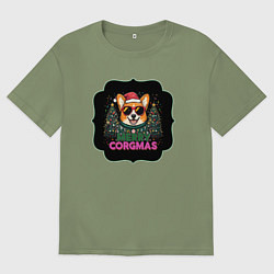 Футболка оверсайз мужская Новогодний пес корги, цвет: авокадо