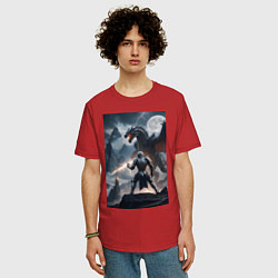 Футболка оверсайз мужская Сражение рыцаря с драконом в стиле Demons Souls, цвет: красный — фото 2