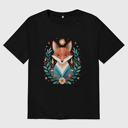 Футболка оверсайз мужская Лис с венком из ветвей, цвет: черный