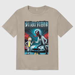 Футболка оверсайз мужская Веном-Рик и Морти рядом со спортивной тачкой, цвет: миндальный