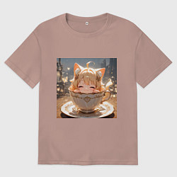Футболка оверсайз мужская Кошечка с короной в чашке, цвет: пыльно-розовый