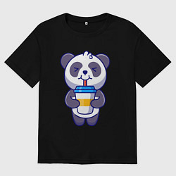 Футболка оверсайз мужская Панда наслаждается напитком, цвет: черный