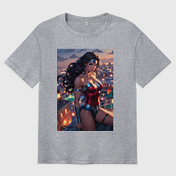 Футболка оверсайз мужская Чудо-женщина на крыше с городским фоном в стиле ко, цвет: меланж