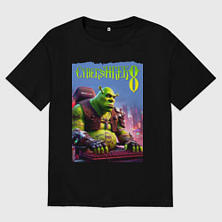 Футболка оверсайз мужская Кибер Шрек в татухах - прикол, цвет: черный