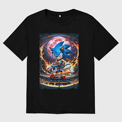 Футболка оверсайз мужская Соник на фоне красной Луны, цвет: черный