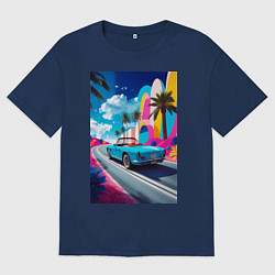 Футболка оверсайз мужская Кабриолет едет по тропическому острову, цвет: тёмно-синий