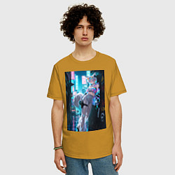 Футболка оверсайз мужская Лиса наемник в стиле Cyberpunk, цвет: горчичный — фото 2