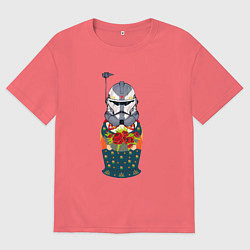 Футболка оверсайз мужская Матрешка шлем штурмовика, цвет: коралловый