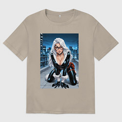 Футболка оверсайз мужская Черная кошка на крыше небоскреба, цвет: миндальный