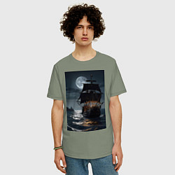 Футболка оверсайз мужская Пиратский корабль в шторм, цвет: авокадо — фото 2